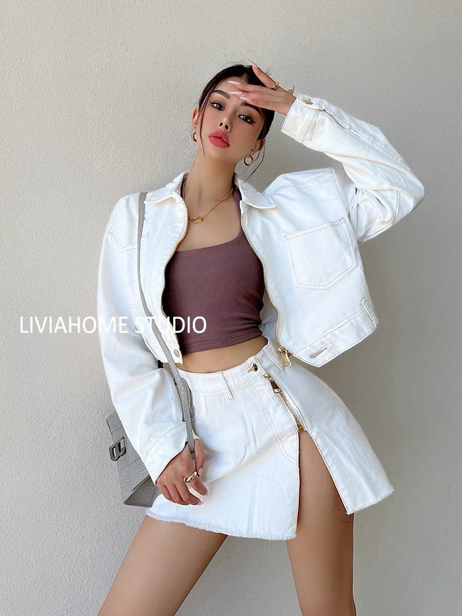 liviahome European and American ins retro zipper denim suit loose and versatile short coat high waist slit skirt autumn (S195)