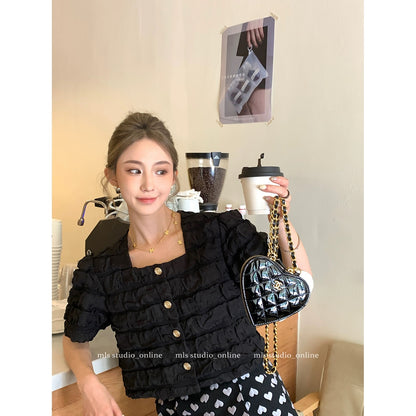 MLS square collar shirt for women 2024 new summer high-end niche shirt unique chic top age-reducing shirt