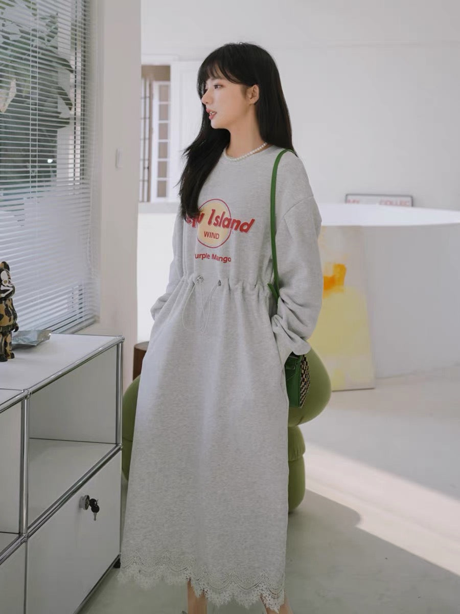 Gray Dress Spring and Autumn Women 2023 New Korean Style Waist Slimming College Style Lace Splicing Long Sweatshirt Skirt
