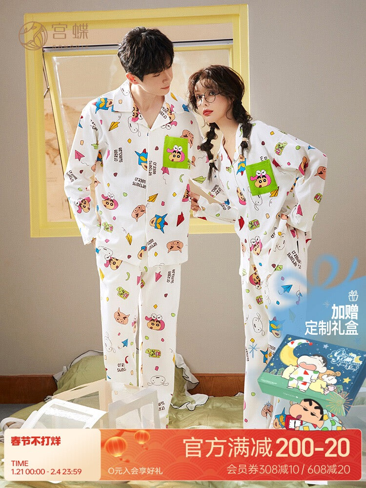 Gongdie [light and soft] Crayon Shin-chan couple pajamas women's spring and autumn and winter long-sleeved suit men's pure cotton home clothes