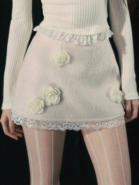 #白塔玫瑰 French lace sweet and spicy skirt for women autumn and winter A-line slim hip skirt sexy short skirt