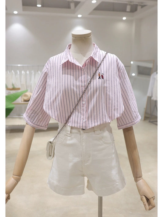 Simple breathable chest embroidery 2024 summer loose slim all-match cotton striped short-sleeved shirt women's shirt