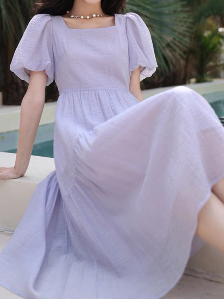 French retro yellow square-neck short-sleeved dress for women, simple puff sleeves, high-end knee-length a-line skirt D754