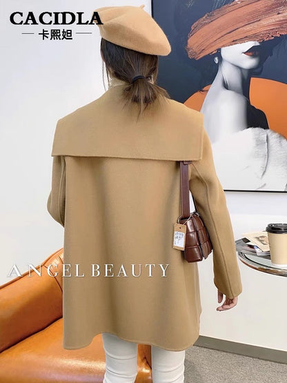 Short double-sided woolen cashmere coat for women 2023 autumn and winter loose Korean style navy collar double-sided woolen coat