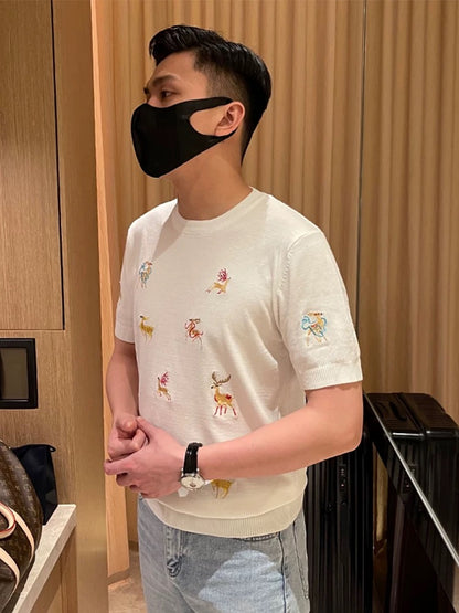 Yomobrother fashion colorful deer embroidery men's T-shirt summer new slim knitted short sleeve 2024 new men