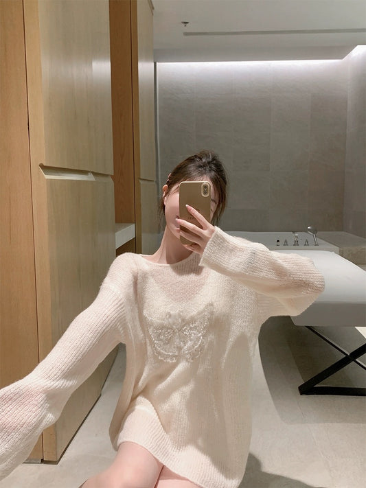 ByYou new 3D bead butterfly fairy apricot white mohair inner sweater women's loose bottoming sweater