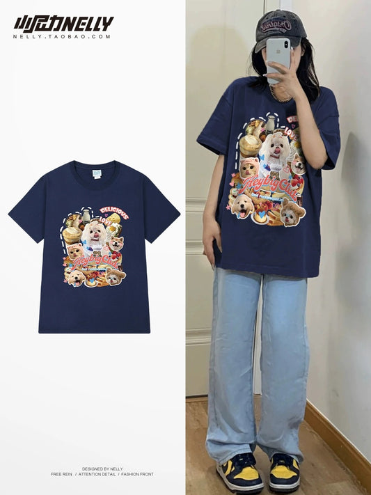 American retro cat and dog printed short-sleeved T-shirts for men and women 2024 new ins trendy brand loose and versatile clothes