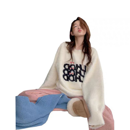Korean gentle style soft waxy love letter imitation mink velvet sweater for women in winter loose and slim outer wear warm top