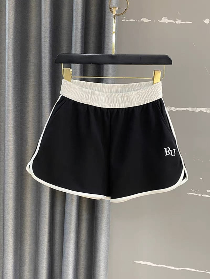 Summer popular sports shorts women 2023 new elastic waist hit color slit loose wide legs super A word hot pants ins