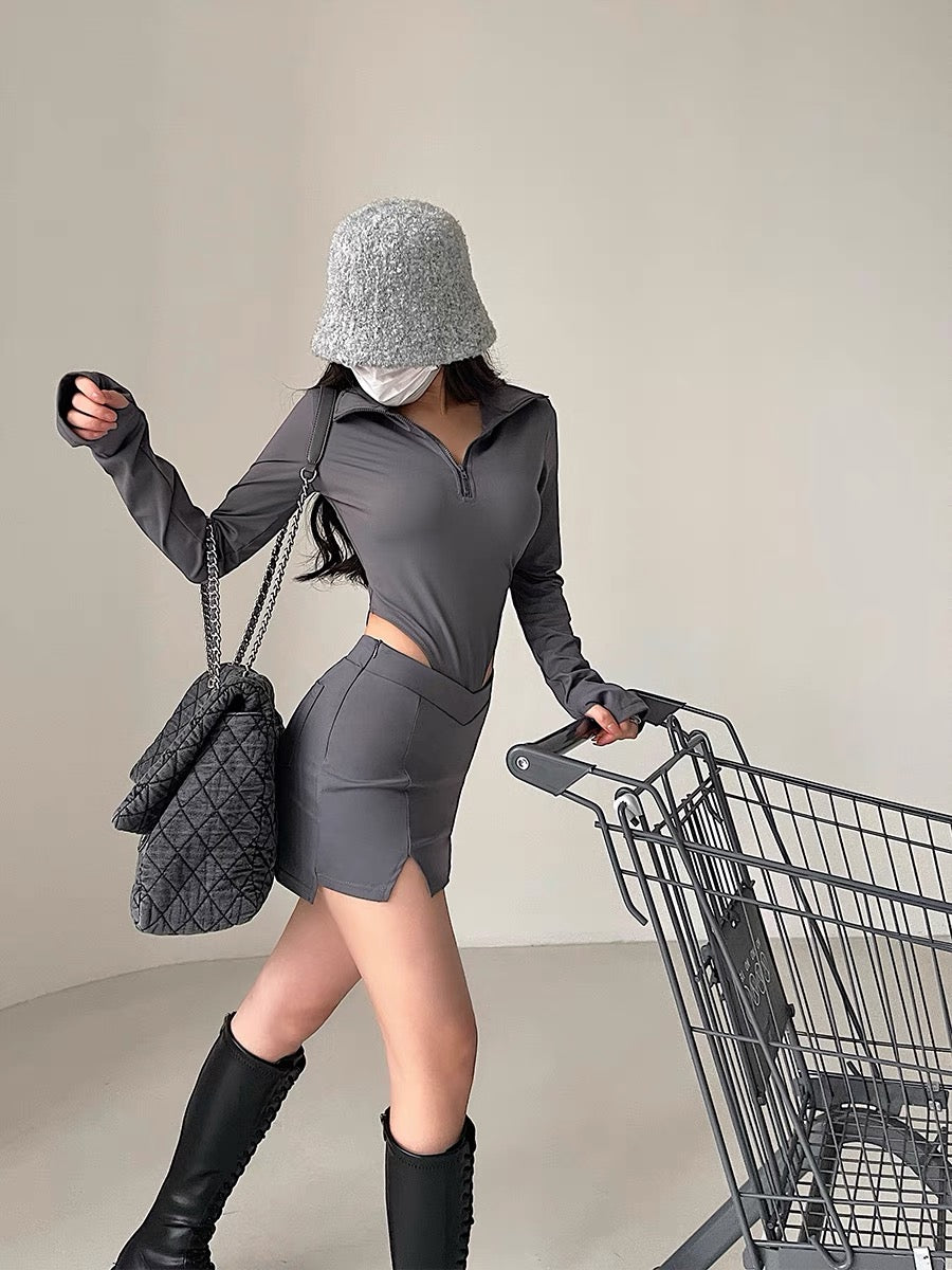 YoungGirlDay hot girl sexy zipper lapel long-sleeved bottoming jumpsuit anti-exposure hip-hugging short skirt suit (B1817)
