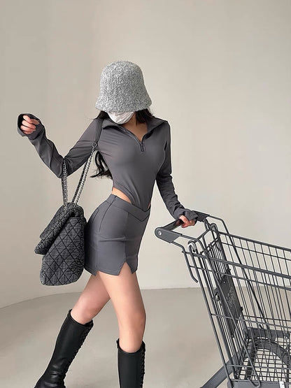 YoungGirlDay hot girl sexy zipper lapel long-sleeved bottoming jumpsuit anti-exposure hip-hugging short skirt suit (B1817)