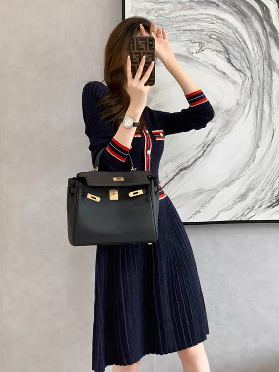 2023 autumn and winter new style small fragrant style knitted dress mid-length temperament inner body slimming high waist sweater skirt D8890