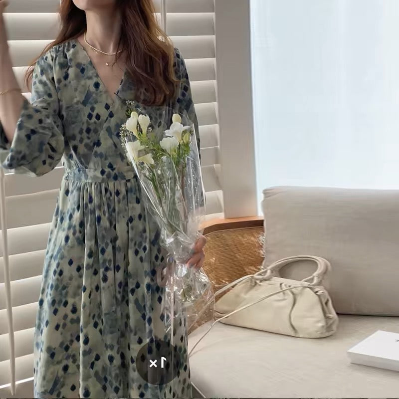 European spring women's 2024 new French style long skirt high-end long-sleeved floral dress spring and autumn D381