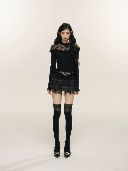 Shao Yeyan lace sniper fungus edge sweet and spicy stitching knitted sweater women's autumn and winter long sleeve hollow bottoming top