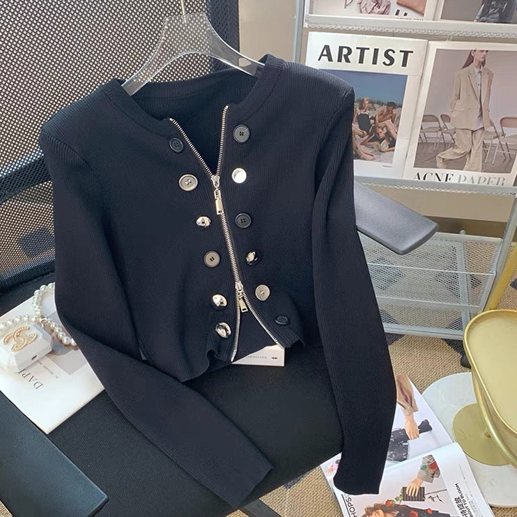 2023 Autumn Small Fragrance Style Double-breasted Decorated Knitted Cardigan Short Style Fashionable and Versatile Design Zipper Top for Women V1138