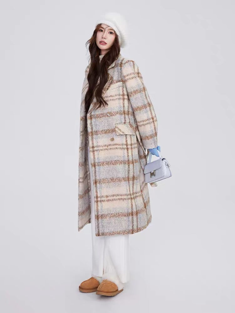 Volstagg 30 wool plaid woolen coat for women autumn and winter temperament and high-end Korean style mid-length woolen coat