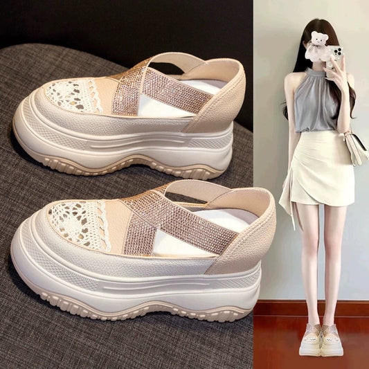 Thick-soled inner height-increasing women's shoes 2024 new hot summer muffin Mary Jane shoes hollow one-step fisherman white shoes