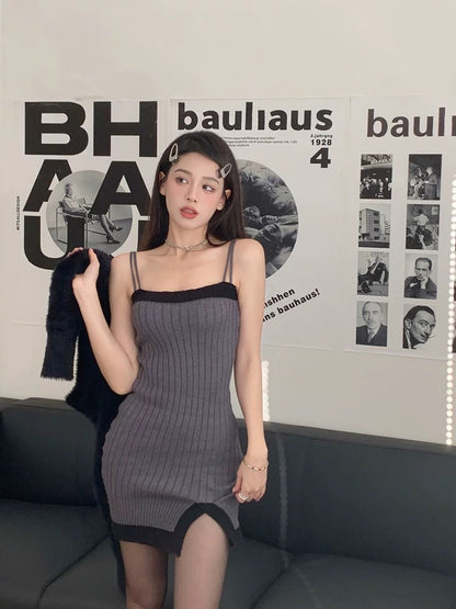 French sweet hottie knitted suspender dress for women in early spring and autumn with bottoming slim-fitting sexy hip-covering short skirt (D6549)