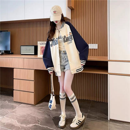Loose and Western style age-reducing cartoon baseball uniform jacket for women 2023 new autumn casual versatile Korean cardigan (S0518)