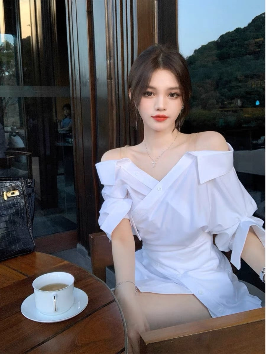 EUSKY IIWAN design white shirt dress for women spring and summer new v-neck off-shoulder sexy pure lust style dress (D490)