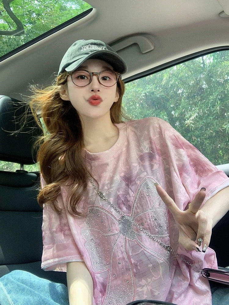 Pink jacquard ice silk short-sleeved T-shirt for women 2025 new summer tie-dye design hot diamond sweet age-reducing large version