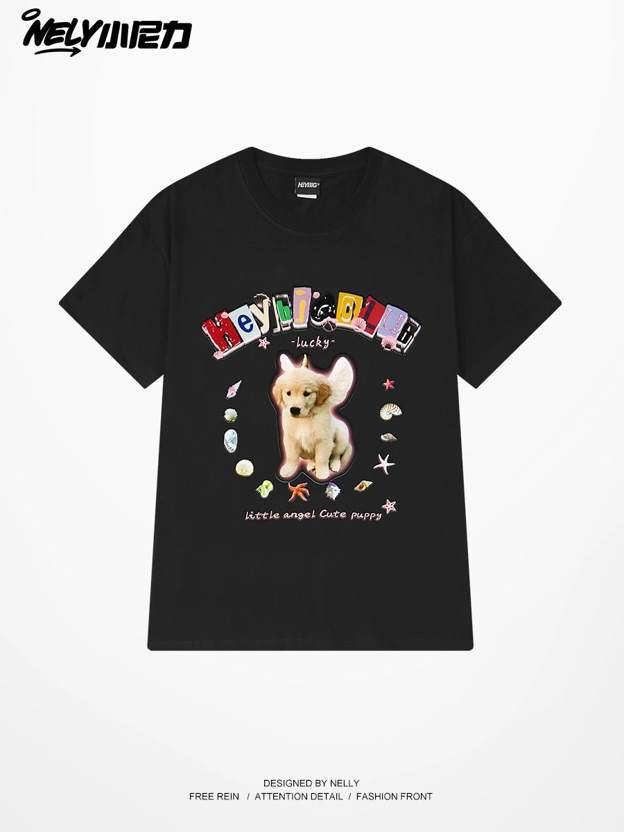 nely little nely cute dog American short-sleeved T-shirt men and women 2024 summer new pure cotton half-sleeved top trend