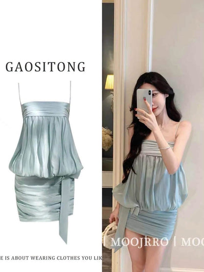 GAOSITONG Women's Summer Mint Green Tube-Top Camisole Dress – "Pure & Alluring" Style with Tulip-Hem Tie-Waist and Bodycon Fit