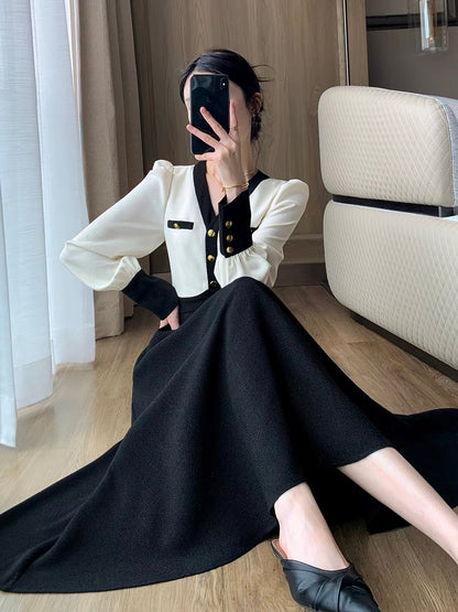 Guo Ge's V-neck dress for women 2023 autumn new French high-end exquisite slimming Hepburn style long skirt