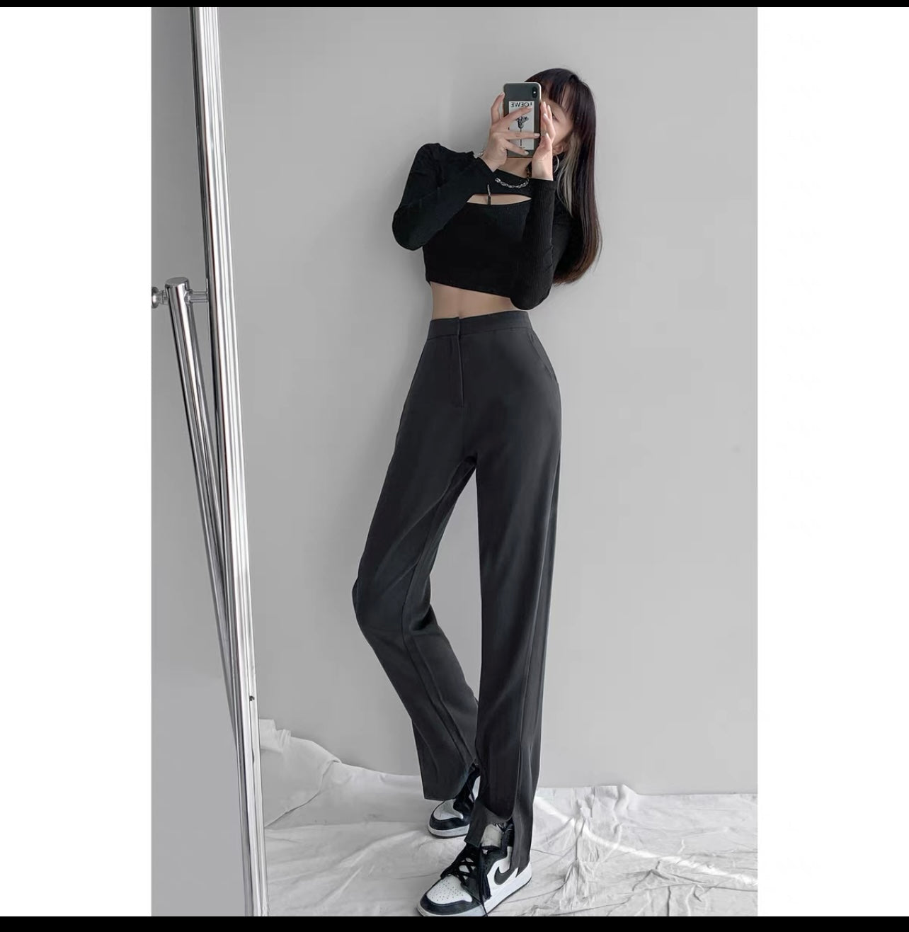 Nostalgic classic casual high-end pink suit pants for women summer thin straight pants loose slit floor-length trousers