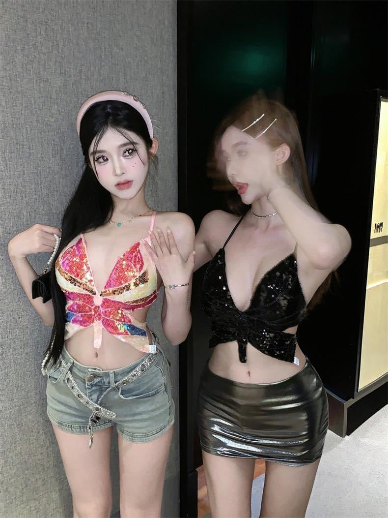 Shiny colorful butterfly sequin camisole women's group summer outerwear pure desire sweet hot girl hanging neck tube top