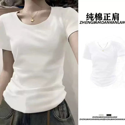 Pure cotton straight shoulder short-sleeved T-shirt for women in summer, slim and versatile, basic style, niche, fashionable, age-reducing tops, trendy G