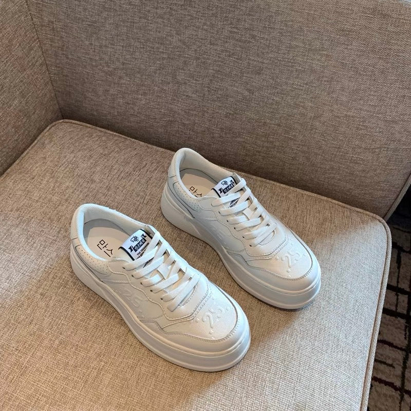 Thick-soled casual sneakers for women 2023 spring new style genuine leather lace-up round toe versatile color-blocked retro white shoes for women (G012