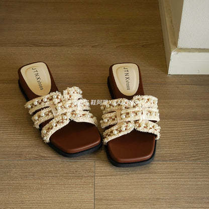 Women's Beaded Square-Toe Platform Slides – "Chanel-Style" Chic, Suitable for Outdoor Wear, Beach, and Vacation (2026 Summer New Arrival)