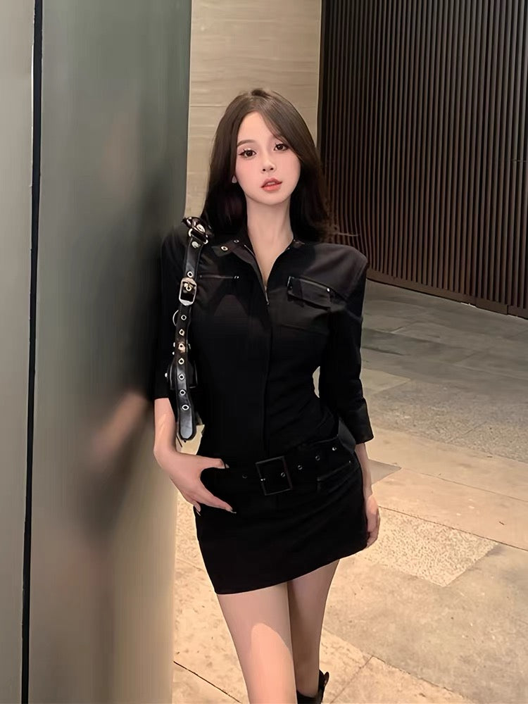 MOXI sweet cool hot girl black mid-sleeved summer tooling dress female American retro design sense slim skirt