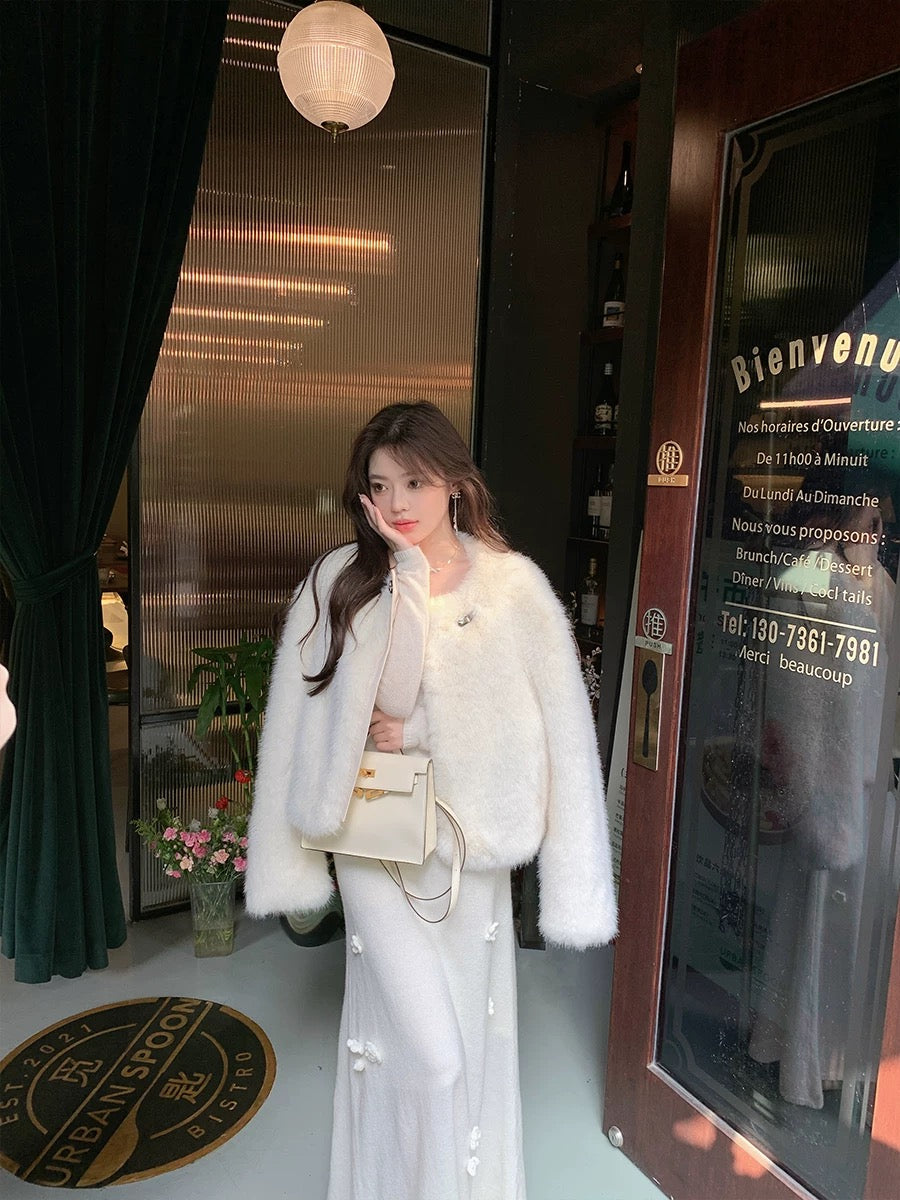 ByYou fully handmade floral wool white v-neck knitted dress long waisted thickened inner sweater skirt