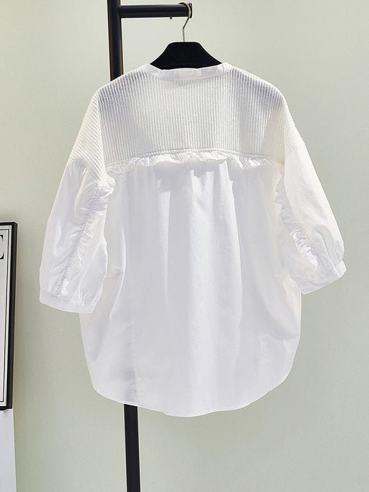 ƯUhitr knitted splicing ruffled edge three-quarter lantern sleeve shirt for women summer tea break French style slightly fat loose top trend