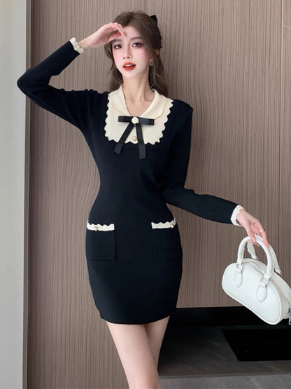 Minimalist bow ruffled contrasting color knitted dress for women winter small fragrant style bottoming sweater hip-hugging miniskirt D5511