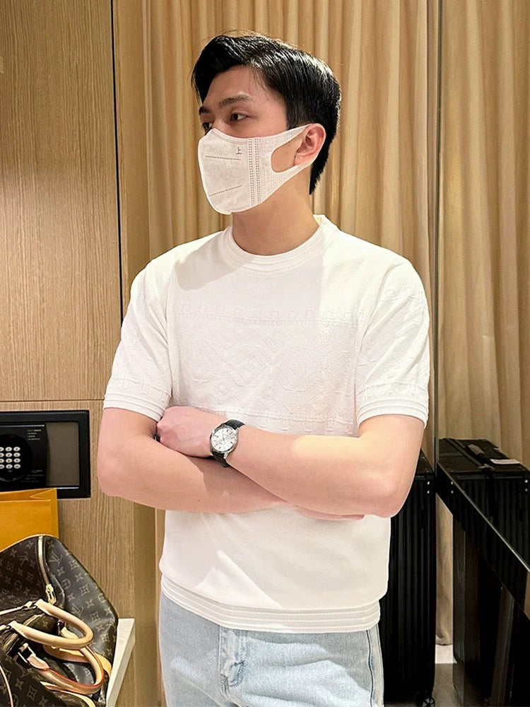 New summer white clothes men's round neck shirt T-shirt High-end custom solid color diamond jacquard short-sleeved T-shirt men