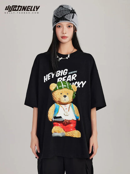 European and American cartoon bear short-sleeved T-shirts for men and women trendy brands ins loose casual summer thin T-shirts for couples half-sleeved shirts