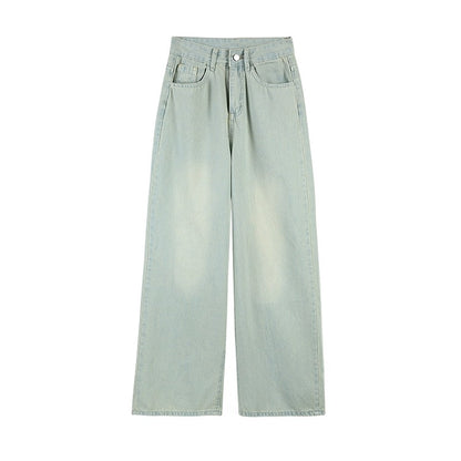 PPHOME Cream Floor-Mopping Pants ~ Tall Color Wide-Leg Jeans Autumn High-waisted Straight-leg Lightweight Floor-Mopping Pants
