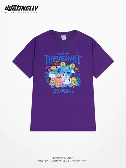 Colorful graffiti print short-sleeved T-shirt for men and women summer 2024 new pure cotton loose round neck boys T-shirt top