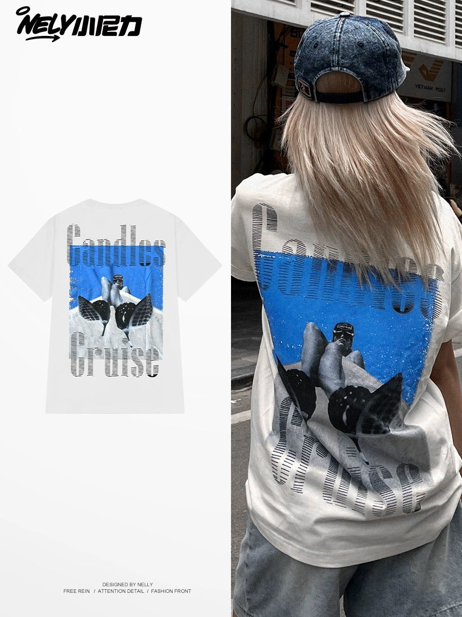 Nely American street style letter character printing oversize short-sleeved T-shirt men and women tee summer trend