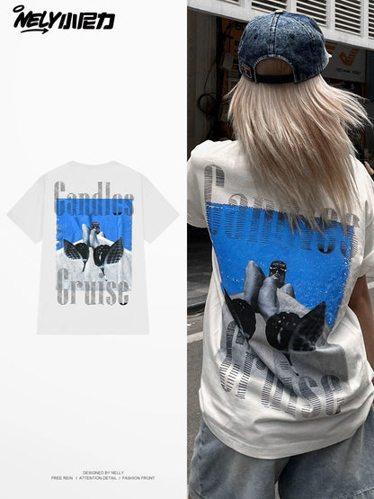 Nely American street style letter character printing oversize short-sleeved T-shirt men and women tee summer trend