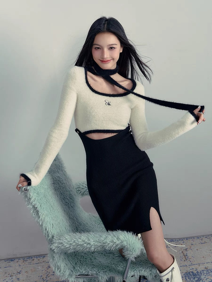AGAM original design detachable black and white contrasting hollow knitted dress