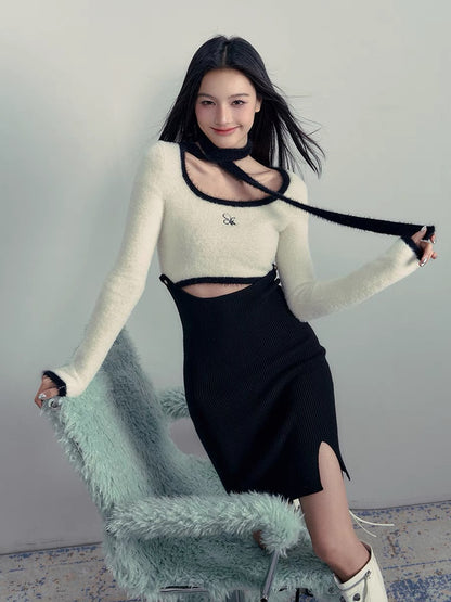 AGAM original design detachable black and white contrasting hollow knitted dress