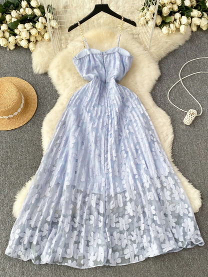 French retro lady style floral suspender tube top dress for women, mesh waist design, super fairy temperament long skirt