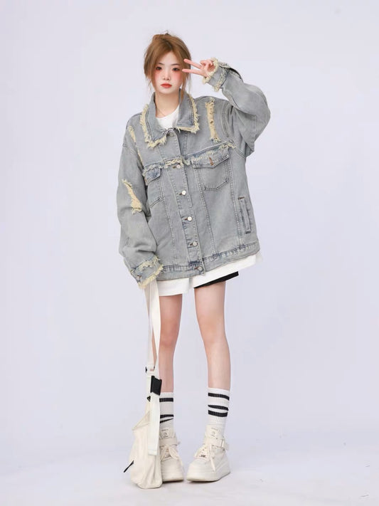 American retro high street trendy brand oversize workwear washed distressed ripped denim jacket women's spring and autumn jacket A3352