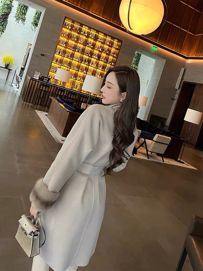 Shanxi said white milk tea gray full wool double-sided woolen splicing real mink fur cuffs mid-length coat for women (B1312)