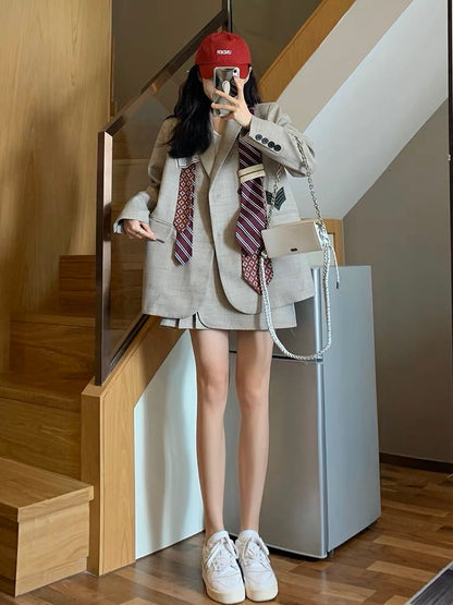 Korean version of the original college style suit suit female spring small man dress British style suit pleated skirt two-piece set