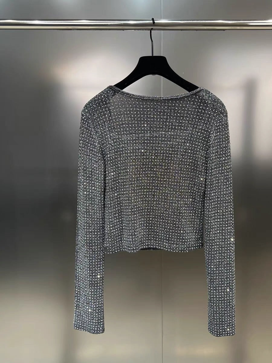 Net red pomelo MM 2023 autumn square collar long sleeve high temperature hot diamond bright shiny slim slim all-match shirt